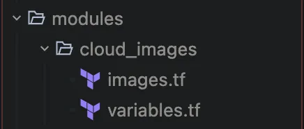 Структура папки модуля cloud_images с файлами images.tf и variables.tf
