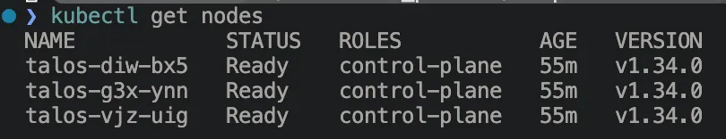 Вывод kubectl get nodes — ноды Kubernetes кластера на Talos в статусе Ready